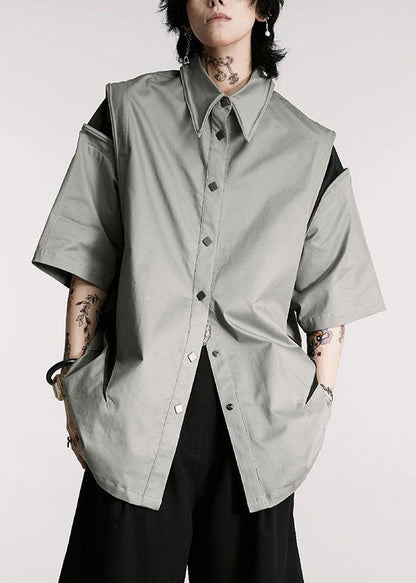French Grey Button Patchwork Cotton Shirts Summer
