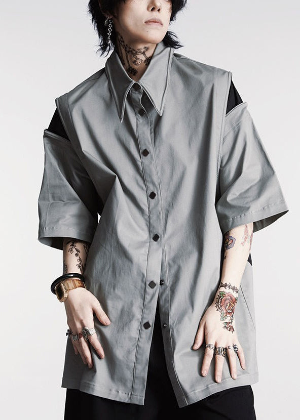 French Grey Button Patchwork Cotton Shirts Summer