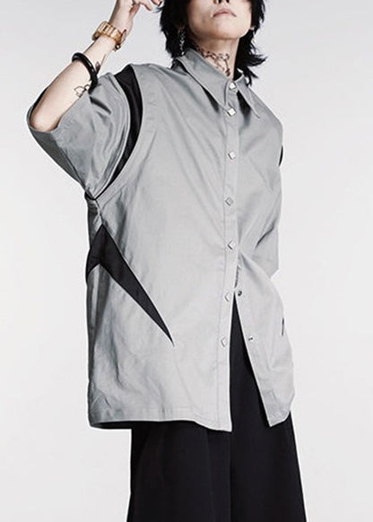 French Grey Button Patchwork Cotton Shirts Summer