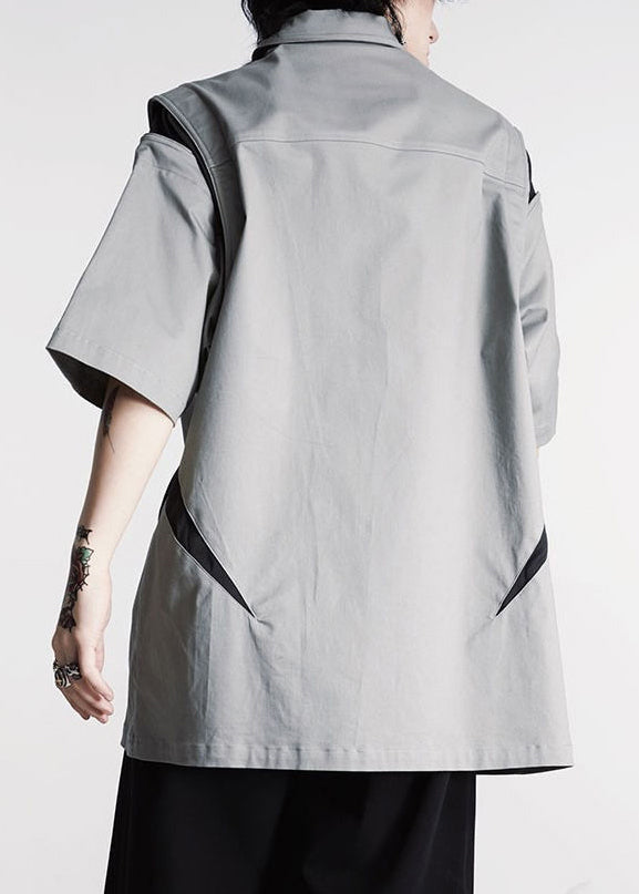 French Grey Button Patchwork Cotton Shirts Summer