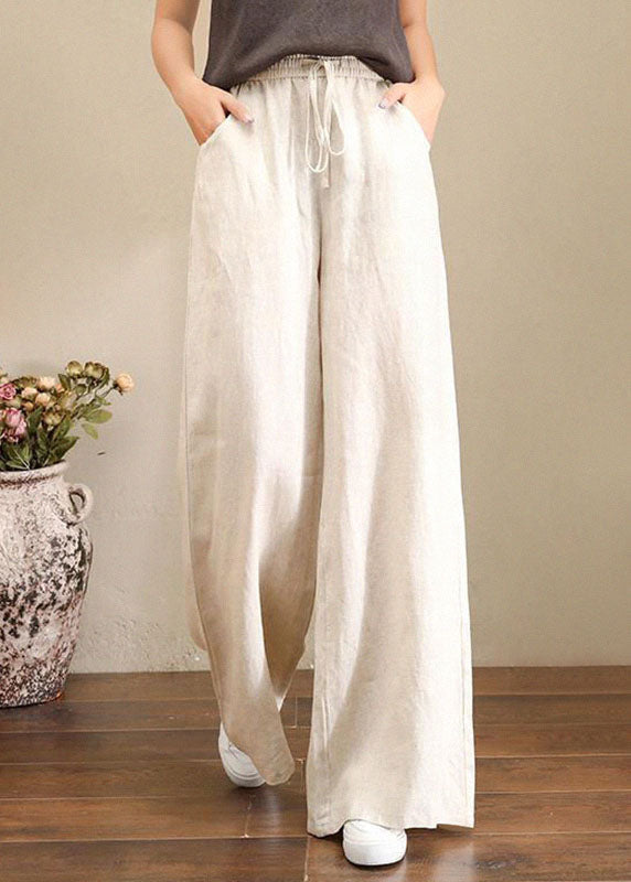 French Brown Geometry Elastic Waist Pockets Linen Wide Leg Pants Summer