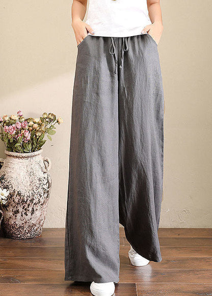 French Black Bird Elastic Waist Pockets Linen Wide Leg Pants Summer