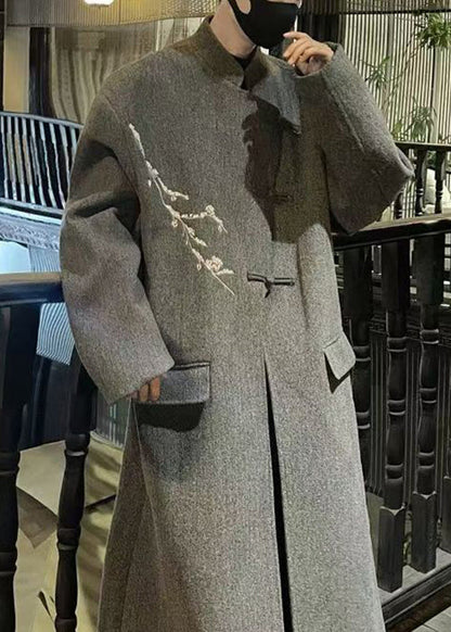 French Grey Embroideried Button Woolen Long Trench Coat Winter