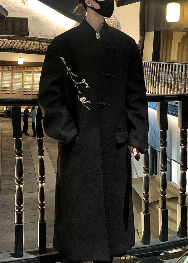 French Grey Embroideried Button Woolen Long Trench Coat Winter