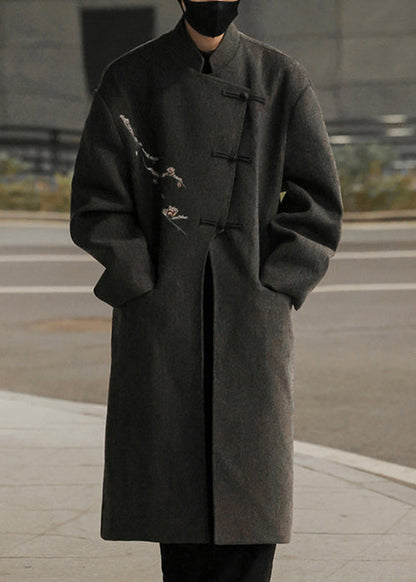French Grey Embroideried Button Woolen Long Trench Coat Winter