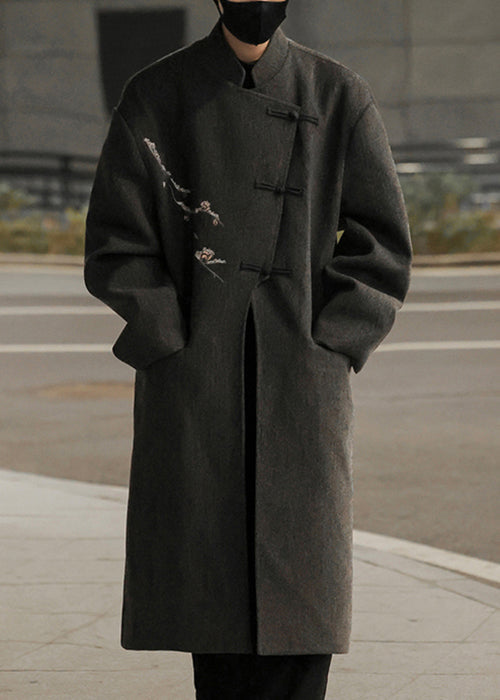 French Grey Embroideried Button Woolen Long Trench Coat Winter