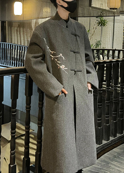 French Grey Embroideried Button Woolen Long Trench Coat Winter