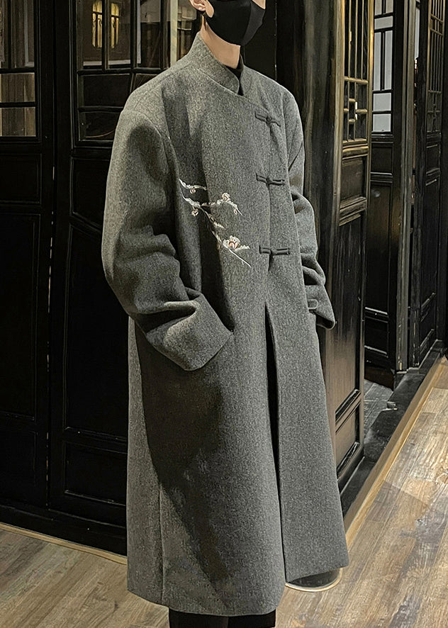 French Grey Embroideried Button Woolen Long Trench Coat Winter