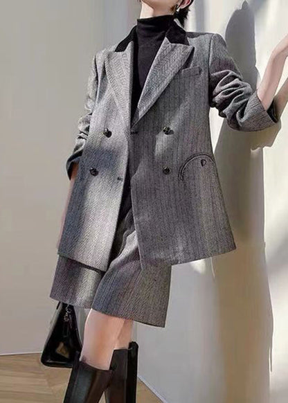 French Grey High Waist Coat and Shorts Thick Two Pieces Set Long Sleeve