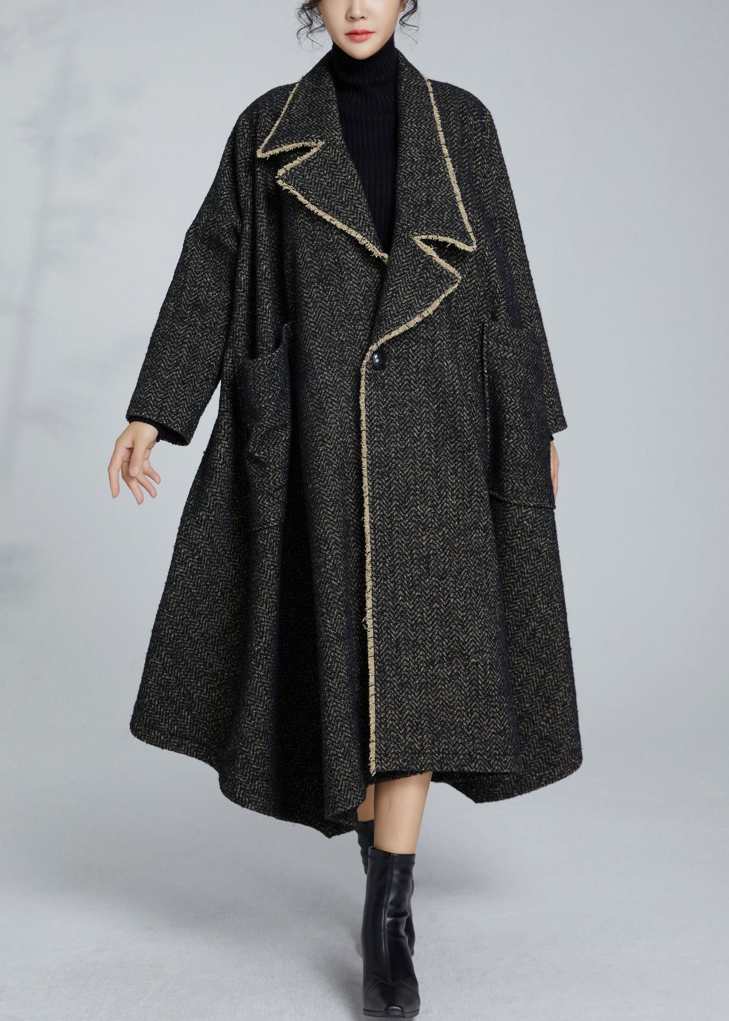 French Grey Notched Button Pockets Woolen Coat Winter