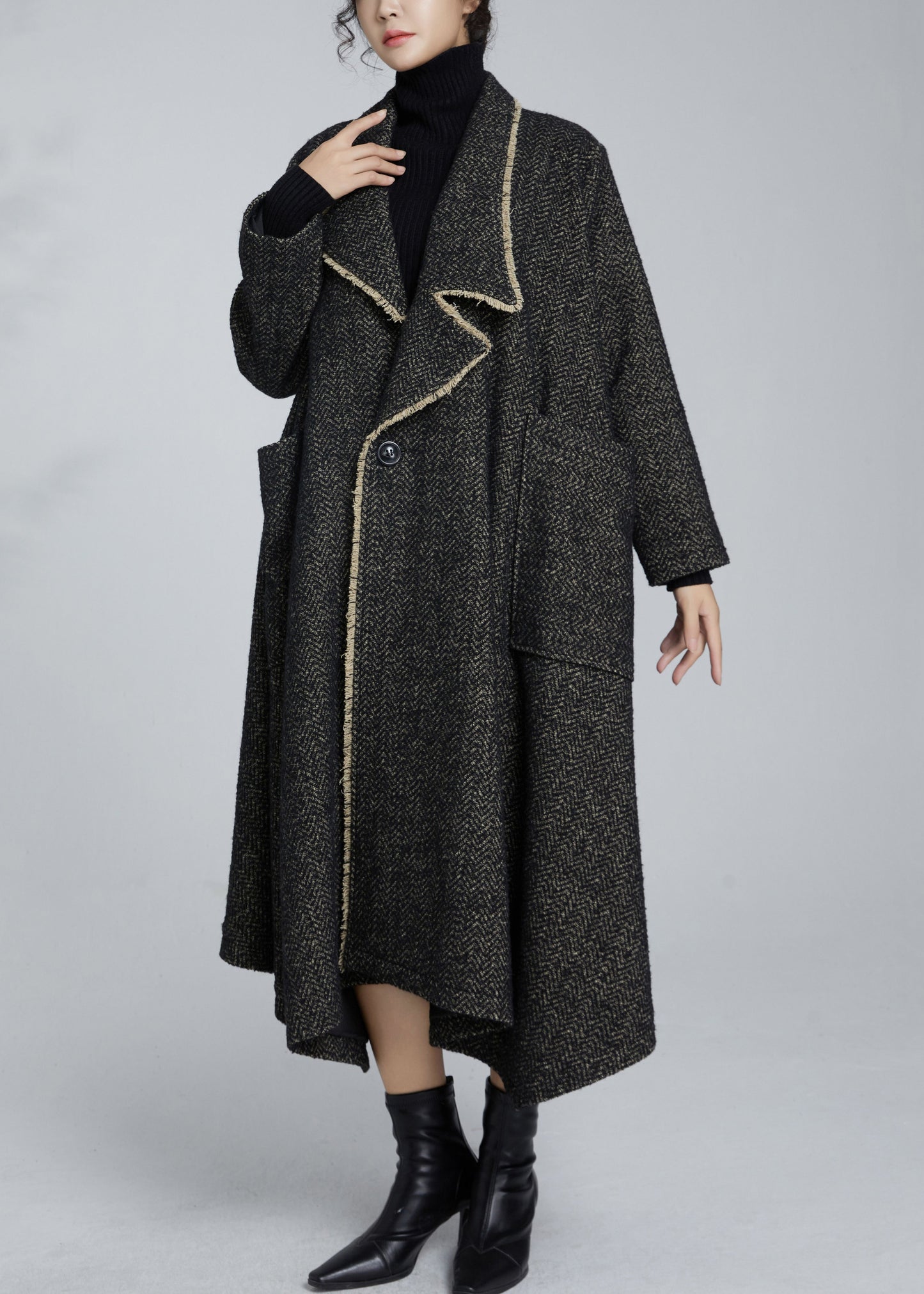 French Grey Notched Button Pockets Woolen Coat Winter