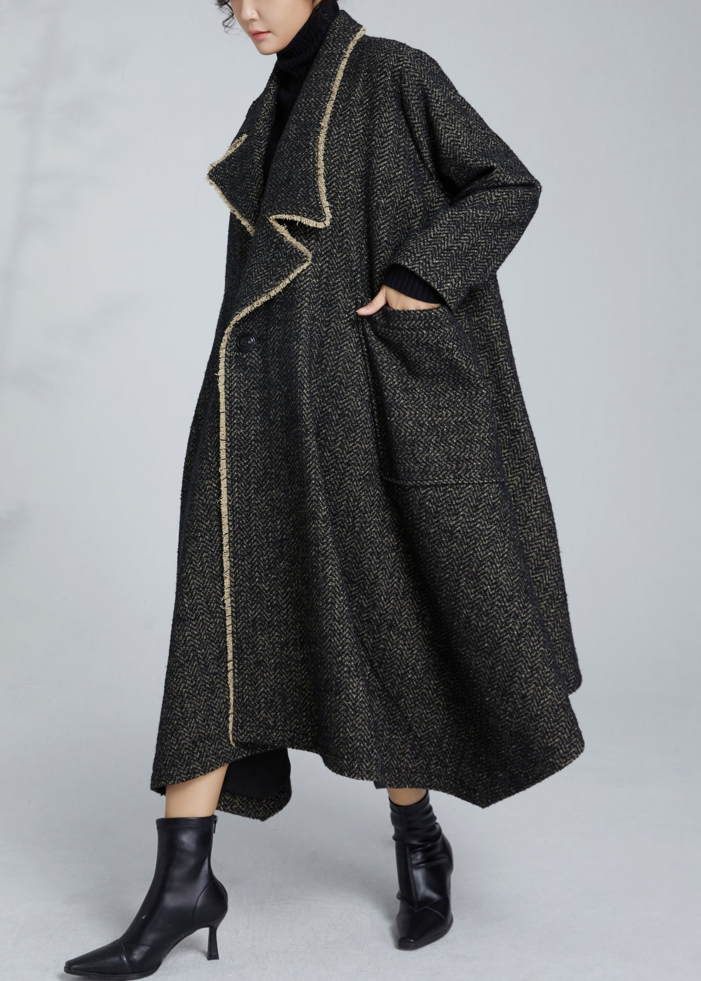 French Grey Notched Button Pockets Woolen Coat Winter