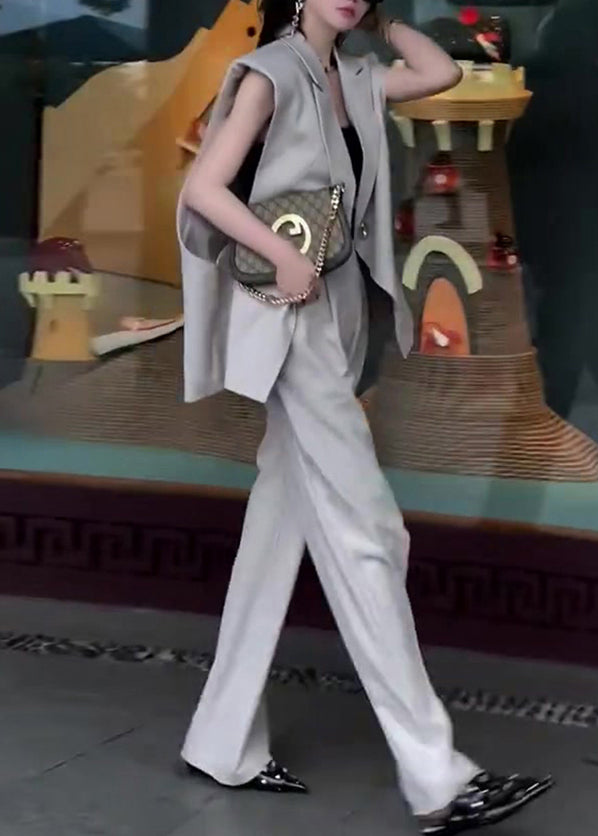 French Grey Notched Patchwork Waistcoat and Wide Leg Pants Spandex Two Piece Set Sleeveless