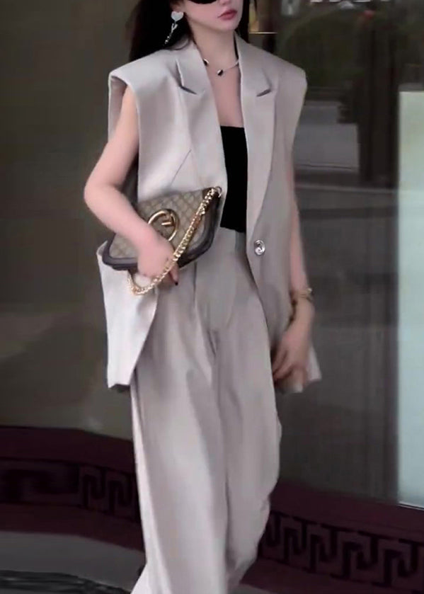 French Grey Notched Patchwork Waistcoat and Wide Leg Pants Spandex Two Piece Set Sleeveless
