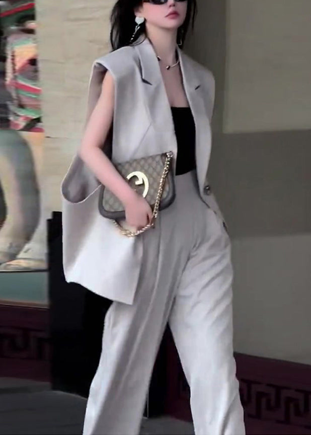 French Grey Notched Patchwork Waistcoat and Wide Leg Pants Spandex Two Piece Set Sleeveless
