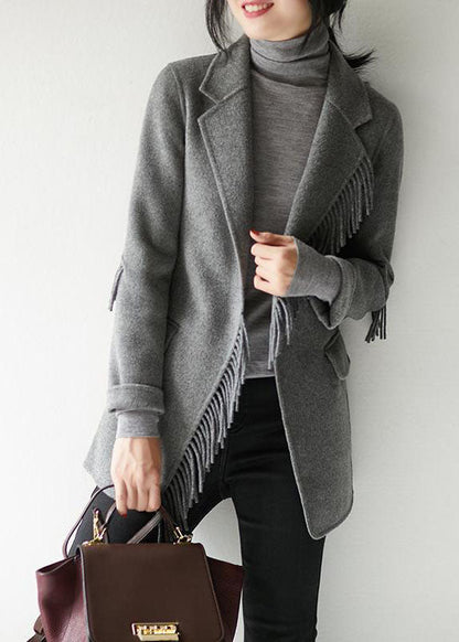 French Grey Notched Tassel Woolen Blend Coat Fall
