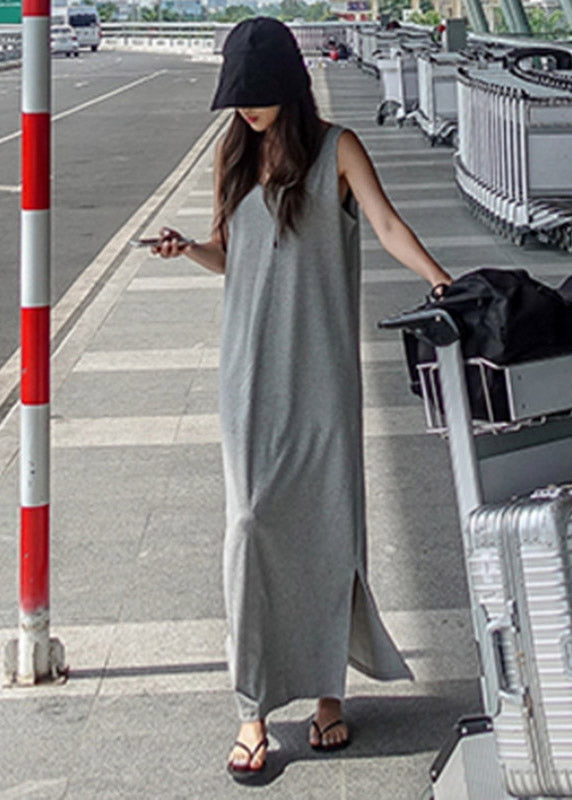 French Grey O-neck Backless Side Open Cotton Long Dress Sleeveless