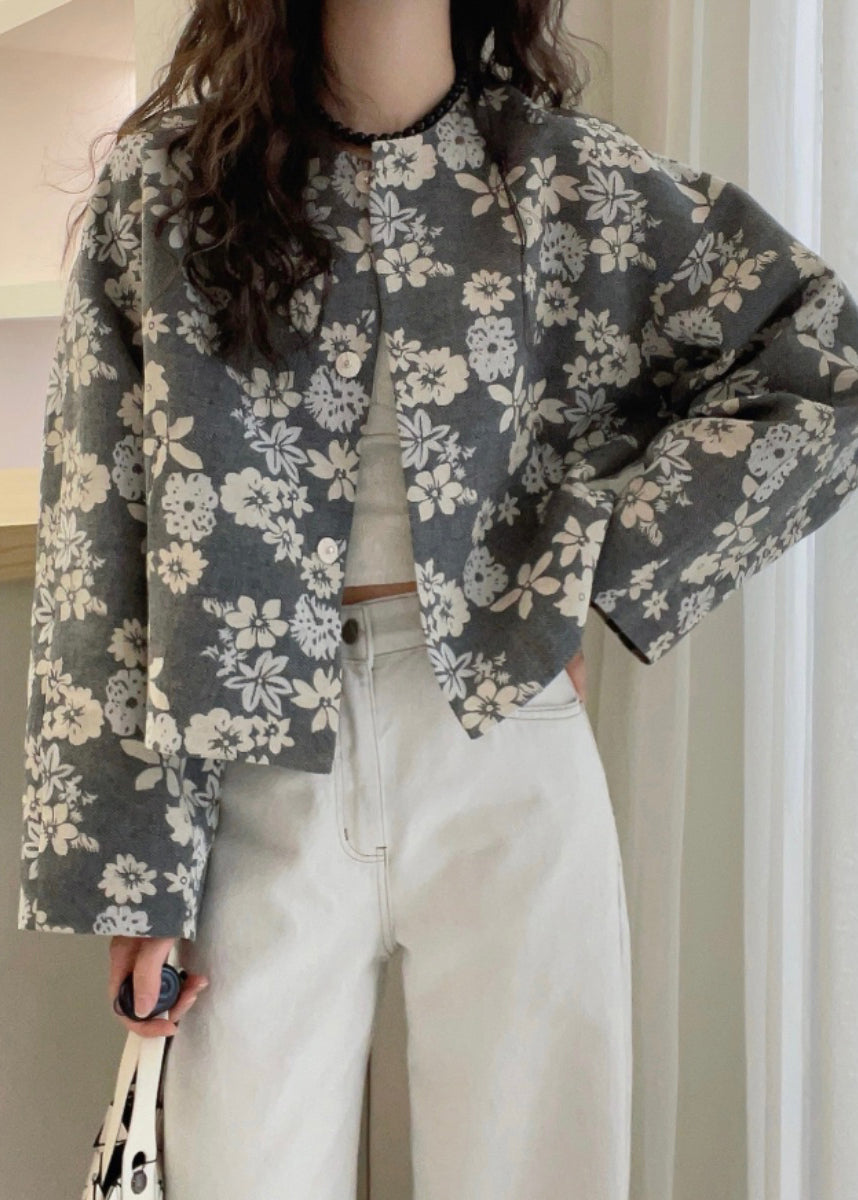 French Grey O Neck Print Cotton Jacket Fall