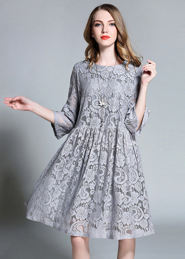 French Grey O-neck Hollow Out Lace Mid Dress Bracelet Sleeve