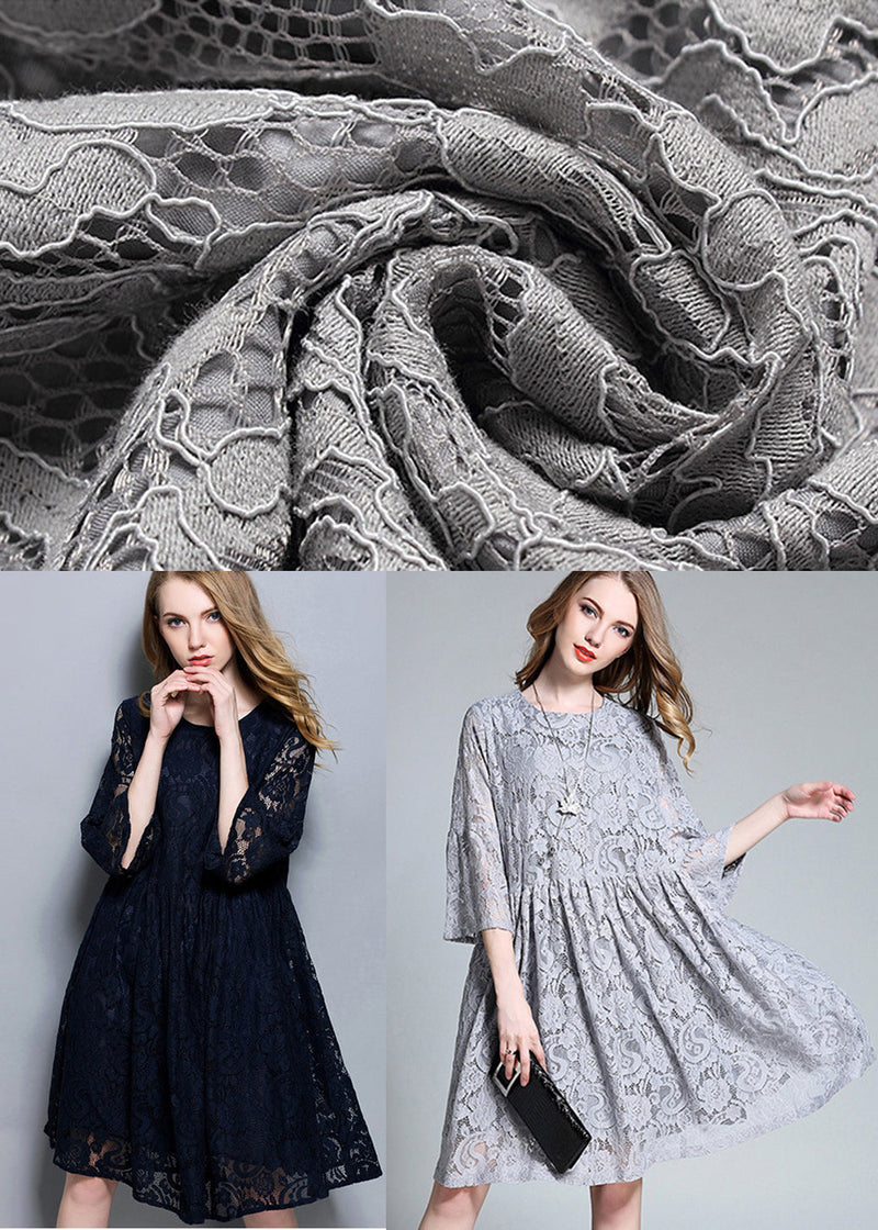 French Grey O-neck Hollow Out Lace Mid Dress Bracelet Sleeve