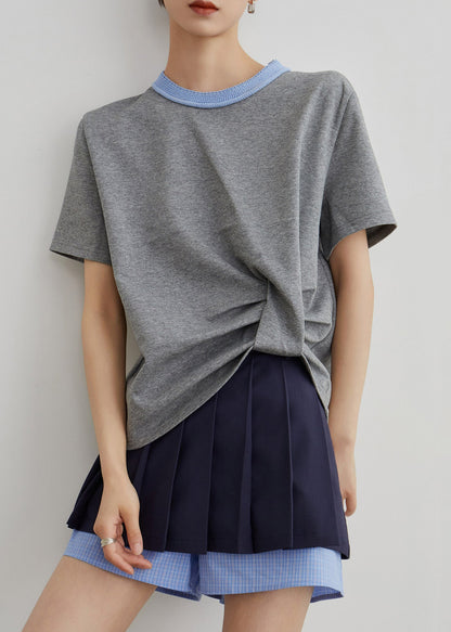 French Grey O-neck Patchwork T Shirts and Navy Pants Skirt Cotton Two Piece Set Summer