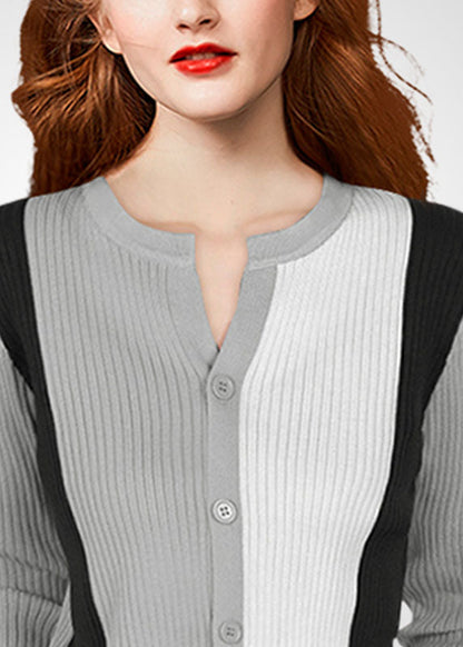 French Grey O-neck Patchwork Wool Knit Cardigans Winter