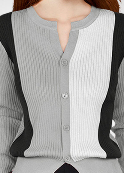 French Grey O-neck Patchwork Wool Knit Cardigans Winter