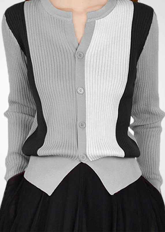 French Grey O-neck Patchwork Wool Knit Cardigans Winter