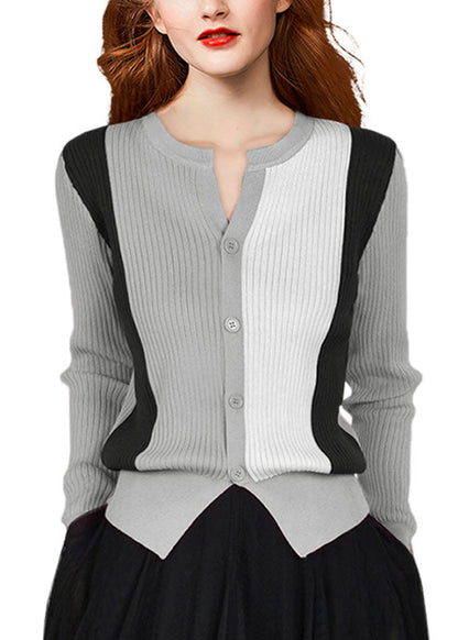 French Grey O-neck Patchwork Wool Knit Cardigans Winter