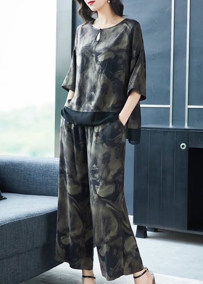 French Grey O-neck Print Tops and Pants Silk Two Pieces Set Summer