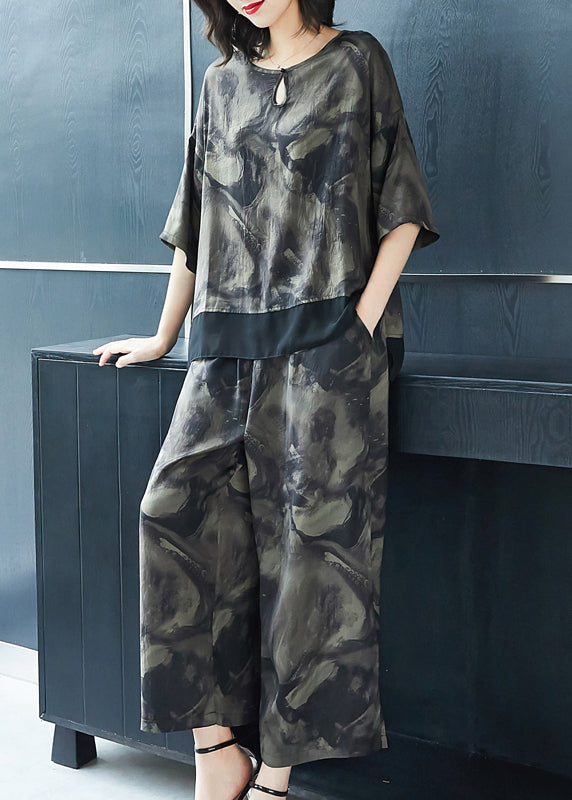 French Grey O-neck Print Tops and Pants Silk Two Pieces Set Summer