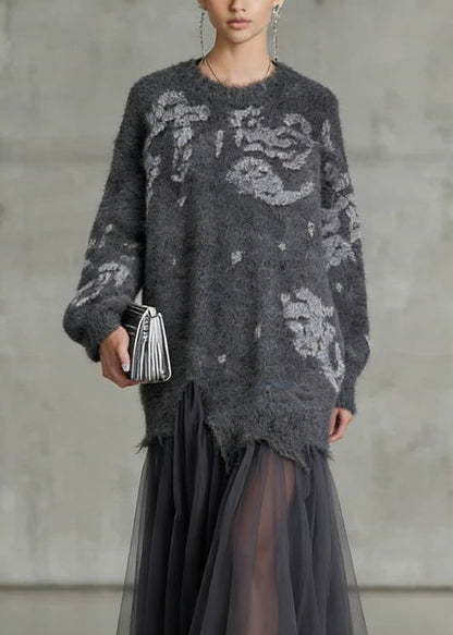 French Grey O Neck Tulle Patchwork Knit Dress Spring