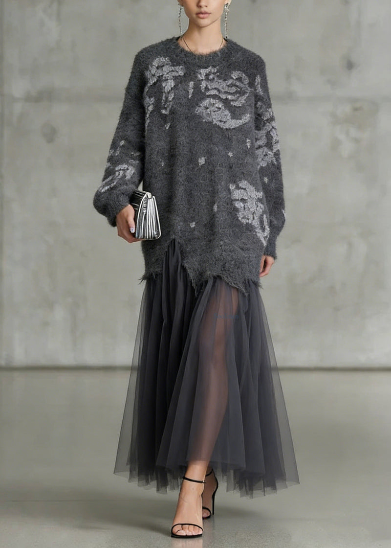 French Grey O Neck Tulle Patchwork Knit Dress Spring