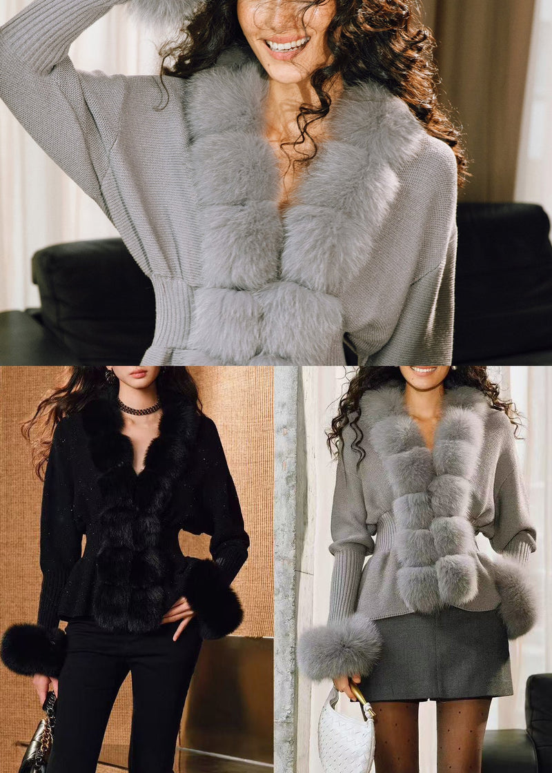 French Grey Oversized Patchwork Fox Fur Wool Knit Cardigan Winter