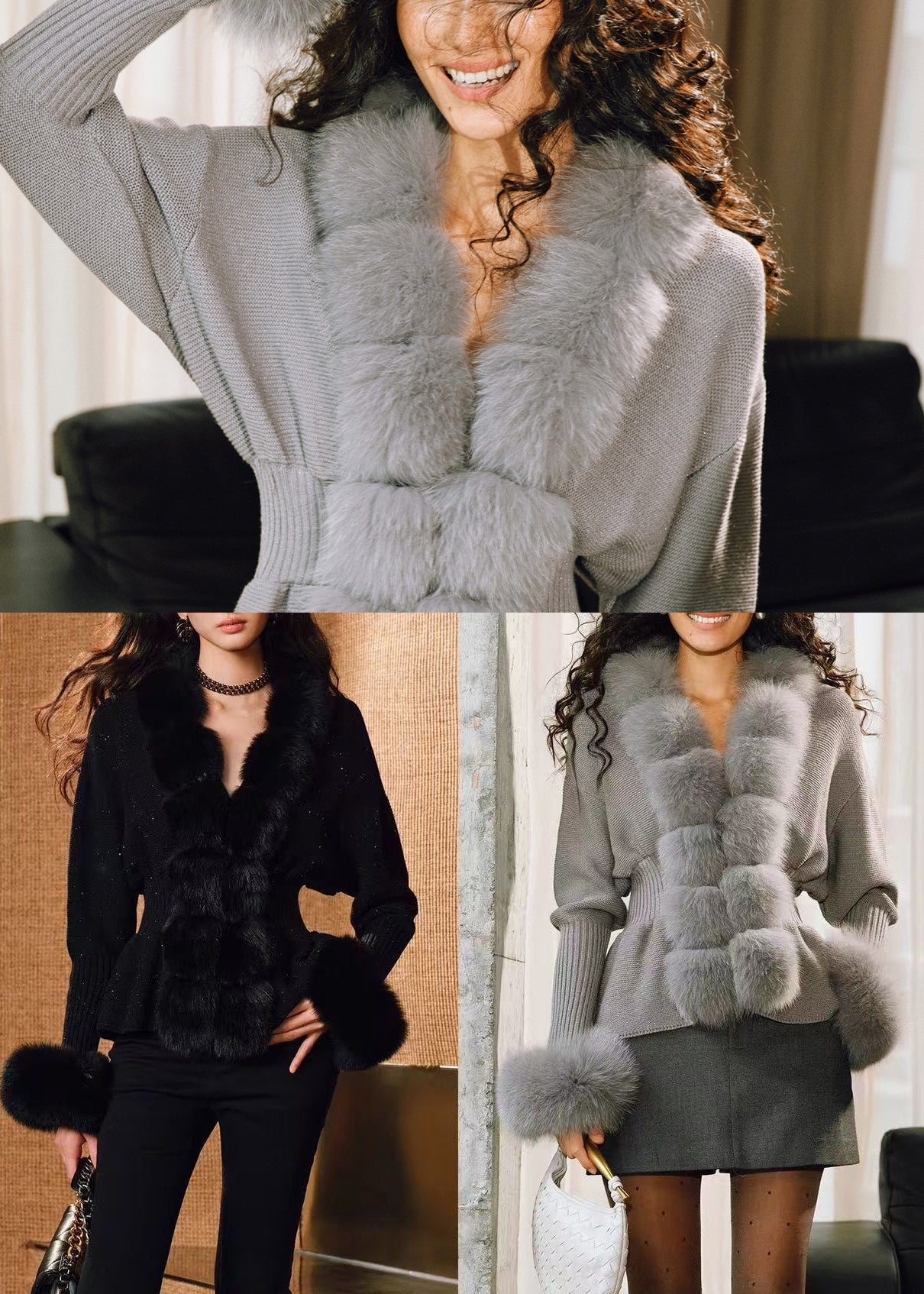French Grey Oversized Patchwork Fox Fur Wool Knit Cardigan Winter