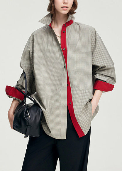 French Grey Oversized Plaid Cotton Fake Two Piece Shirts Spring