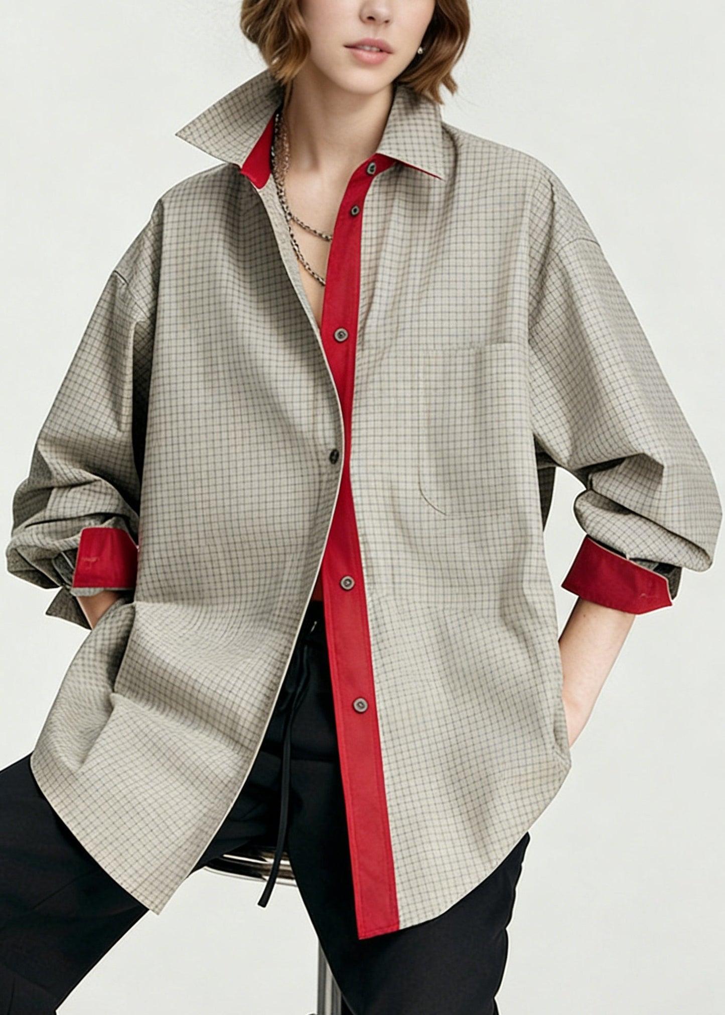 French Grey Oversized Plaid Cotton Fake Two Piece Shirts Spring