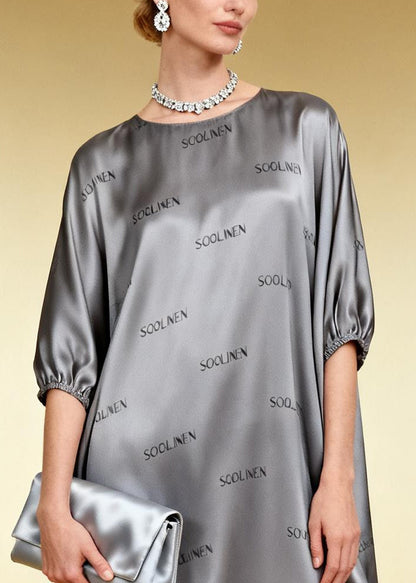 French Grey Oversized Print Silk Long Dresses Summer