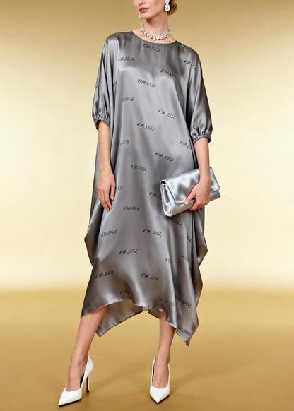French Grey Oversized Print Silk Long Dresses Summer