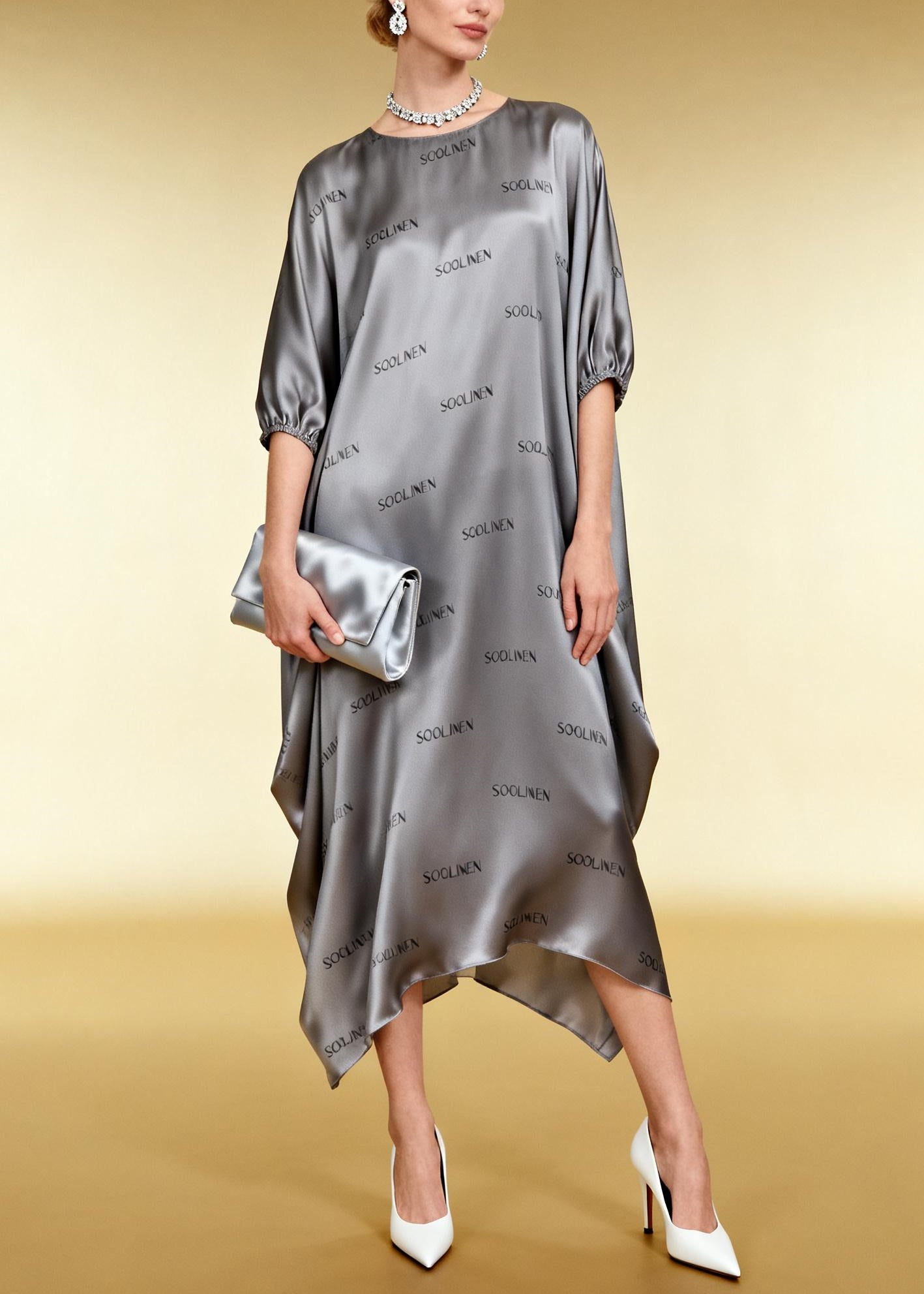 French Grey Oversized Print Silk Long Dresses Summer