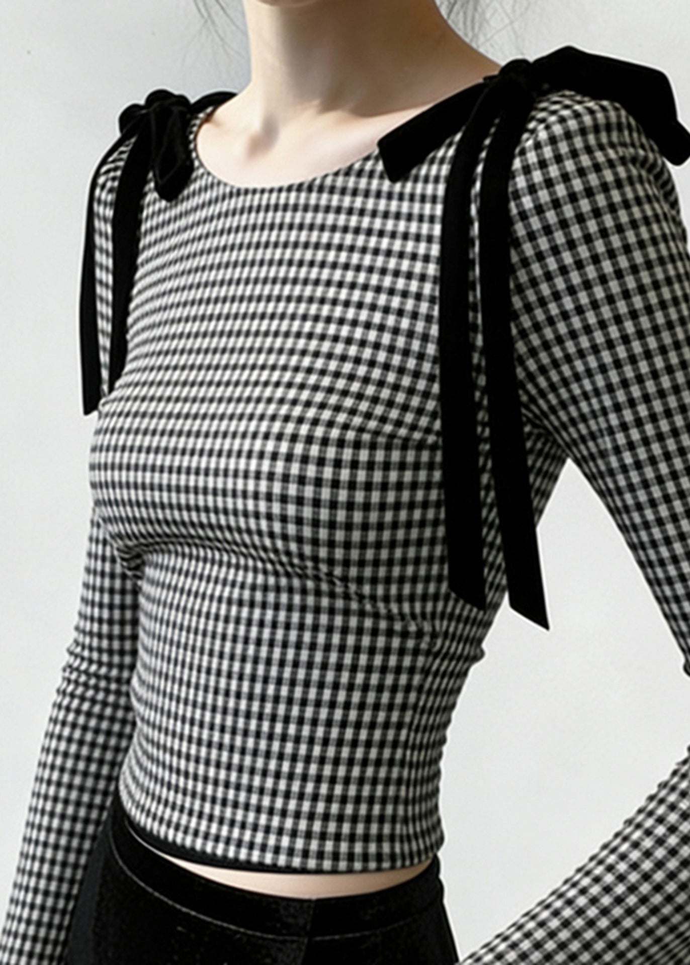 French Grey Plaid Bow Silm Fit Blouses Flare Sleeve