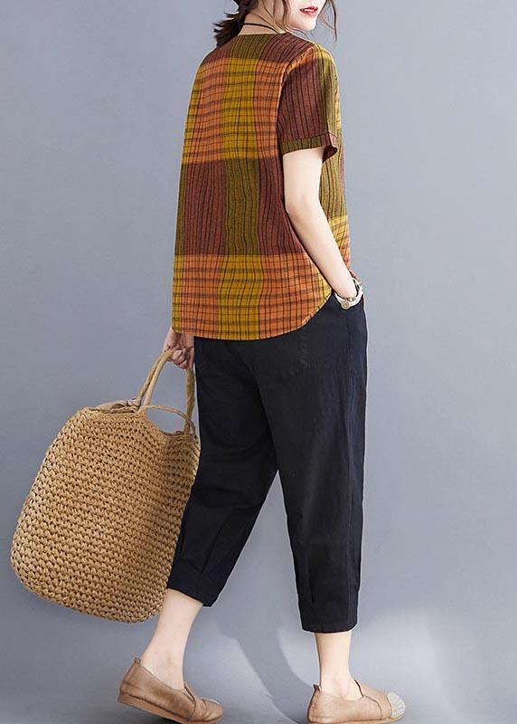 French Grey Plaid Asymmetrical Design Cotton Linen Blouse Top Summer