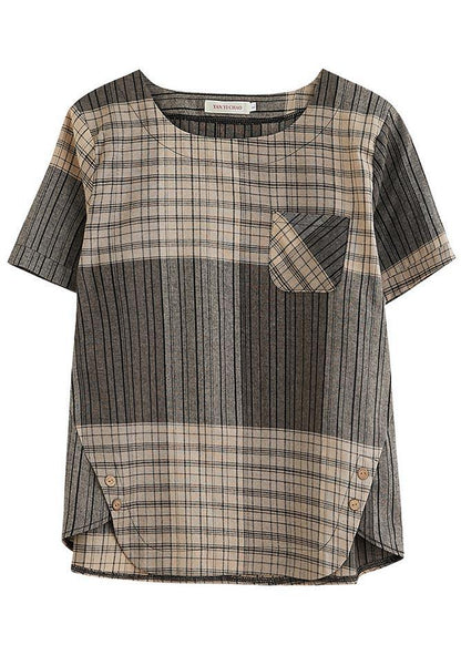 French Grey Plaid Asymmetrical Design Cotton Linen Blouse Top Summer