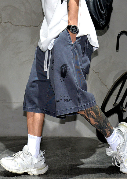 French Grey Print Pockets Elastic Waist Cotton Shorts Summer