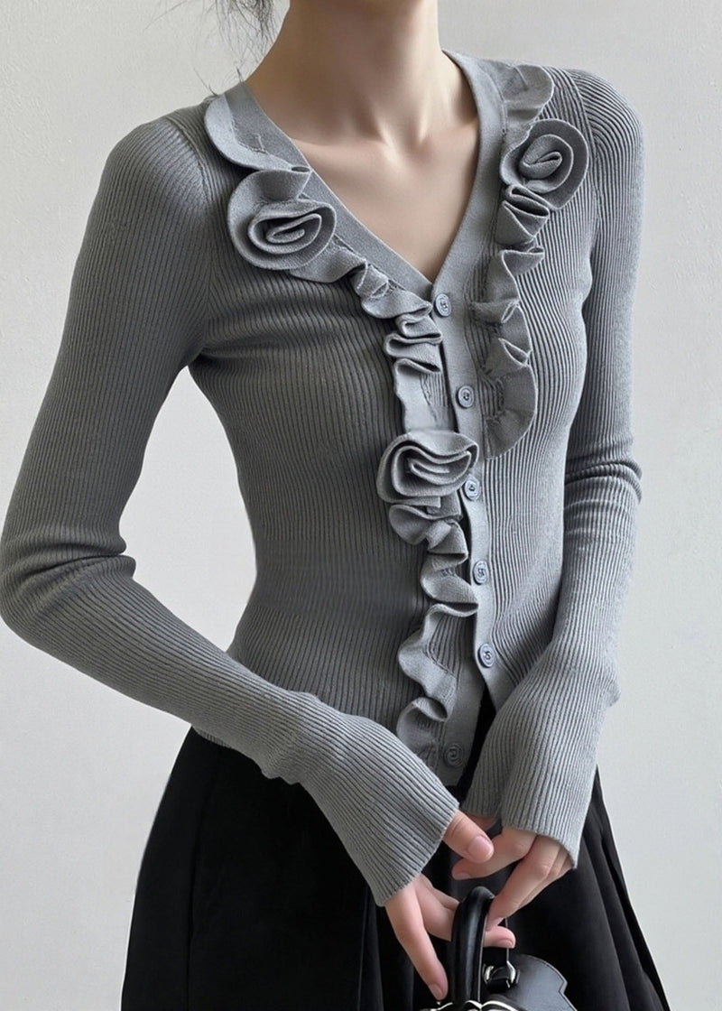 French Grey Ruffled Patchwork Knit Short Sweater Spring