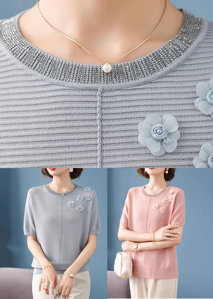 French Grey Striped Ice Silk Top Short Sleeve