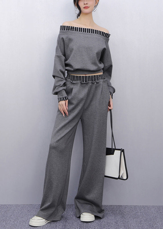 French Grey Striped Patchwork Top and Straight Pants Two Pieces Set Puff Sleeve