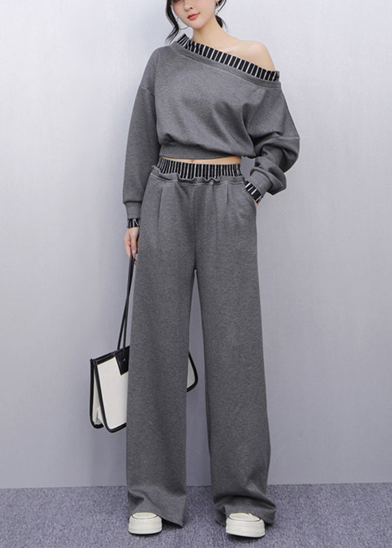 French Grey Striped Patchwork Top and Straight Pants Two Pieces Set Puff Sleeve