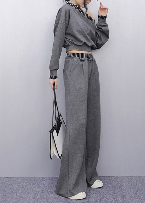 French Grey Striped Patchwork Top and Straight Pants Two Pieces Set Puff Sleeve