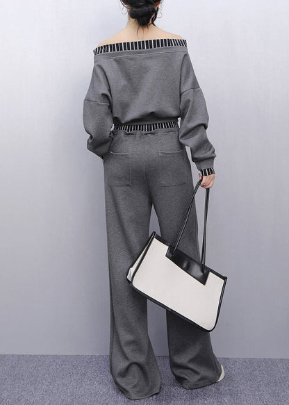 French Grey Striped Patchwork Top and Straight Pants Two Pieces Set Puff Sleeve
